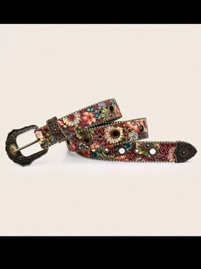 Women's Retro Floral Belt, Multi-Color Metal Carved Buckle